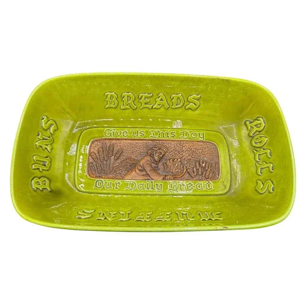 Vtg TREASURE CRAFT green Bread Roll Bun Bowl Give Us Our Daily Bread USA Pottery